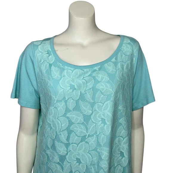 Lane Bryant Tops - Lane Bryant Top 18/20 Aqua Blue Short Sleeve w/ Floral Lace Coastal
